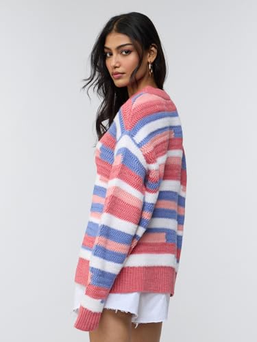 The Souled Store Textured Sweater: Heather Women and Girls Full Sleeves Round Neck Pink Blue and White Striped Acrylic Nylon Chunky Knit Casual Winter Pullover Oversized Sweater