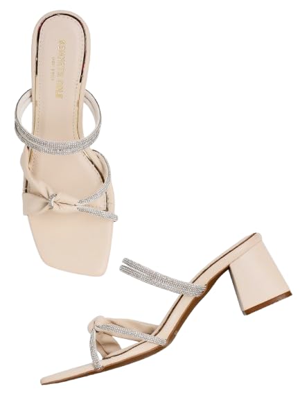 Kenneth Cole Women's Block Heel Mule Sandal | Premium Synthetic Upper | Ladies Open-Toe Slip-On | 2.5-inch Block Heel | Dazzling Crystal-Embellished Straps | Elegant Comfort, Stable Design & Versatile Style | Beige, EU38