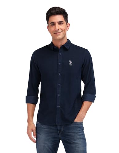 U.S. POLO ASSN. DENIM CO. Slim Fit Dobby Shirt (UDSHT1383_Navy_44)