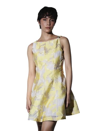 ONLY Women's Self Design Fit and Flare Yellow Dress