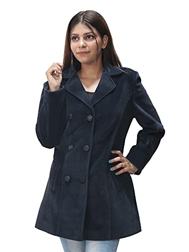 HAUTEMODA Womens Woollen Mid-Thigh Double Breast Coat/Blazer For Winter Navy,Large