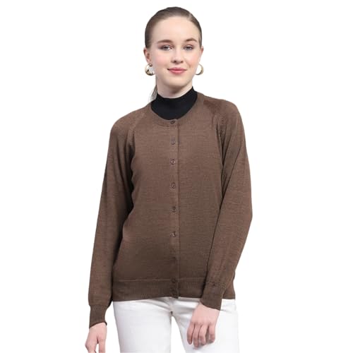 Monte Carlo Womens Solid Dark Brown Round Neck Full Sleeve Cardigan