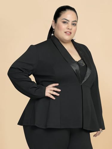 wild U Women Plus Size Blazer | Stretchable | Easy Wash | Satin Lapel | Formal Office Wear | Western (Black - 4XL)