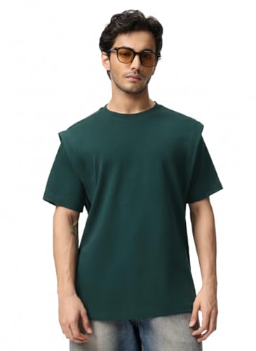 The Souled Store Oversized T-Shirt: Emerald Men and Boys Short Sleeves Round Neck Solid Structured Shoulder Casual Lightweight Drop Shoulder Streetwear Trendy Oversized T-Shirts