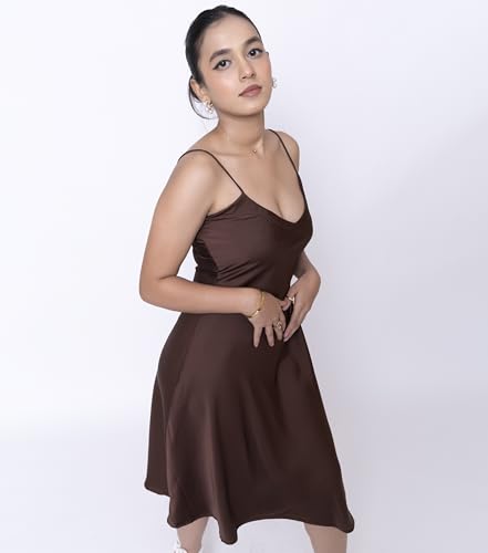 Sheux Elegant Satin Midi Dress with Shoulder Straps – Timeless Style Meets Effortless Glamour (S) Dresses for Women & Girls Brown