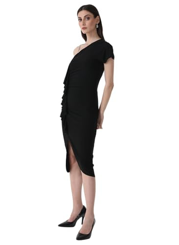 Kazo Solid Polyester Blend Asymmetric Women's Midi Dress (Black, Small)