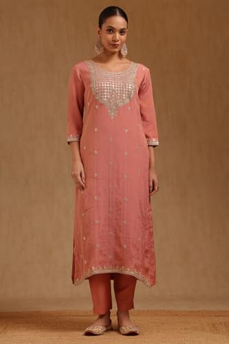 Soch Womens Peach Tissue Embroidered Suit Set With Zari