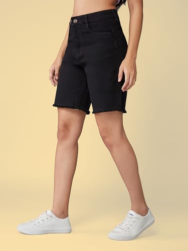 Miss Chase Women's Regular High Rise Above Knee Stretchable Denim Shorts (MCAW25DEN62-73-974-28, BlackBerry Black, 28)
