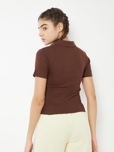 Max Women Ribbed Johnny Collar Sports T-Shirt (Brown_L)