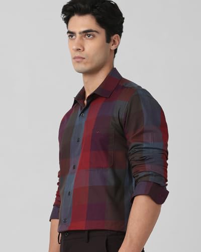 MUFTI Men Shirt | Slim Fit Spread Collar Plaid Tartan Design | 100% Cotton Twill Fabric with Chest Pocket & Curved Hem | Smart Casual Deep Burgundy Red 6XL