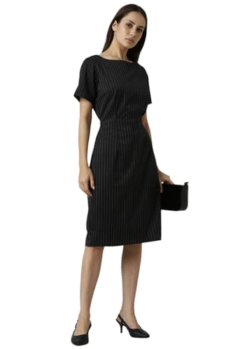 Women Black Stripe Knee Length Formal Dress