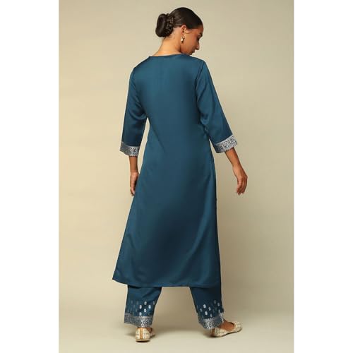 Rangriti Women's Acrylic Kurta Set (WNTRWR19647AW24PTRLBLU_Petrol Blue