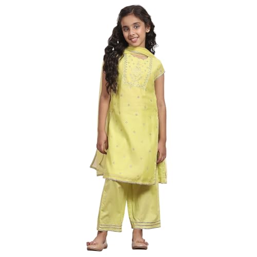 BIBA Girl's Lime Yellow Polyester Straight Printed Suit Set