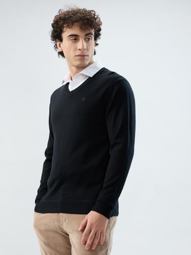 Raymond Men Regular Fit Solid Pattern Merino Wool Acrylic Blend Full Sleeve V Neck Casual Sweater Black