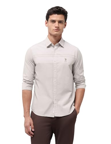 U.S.Polo Association Men's Solid with Stripe Detail Regular Fit Shirt (USSHT3284_Beige_42)