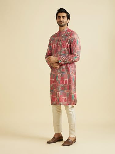 Manyavar Men's Cotton Blend Printed Kurta Pyjama Set (Coral,XXXL)