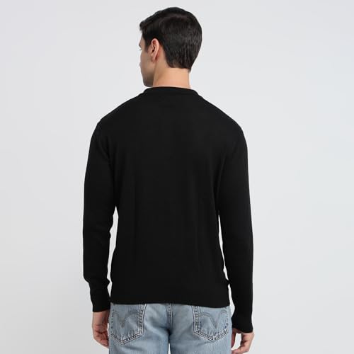 Raymond Men Contemporary Fit Argyle Pattern Merino Wool Acrylic Blend Polo Neck Full Sleeve Casual Sweater Black