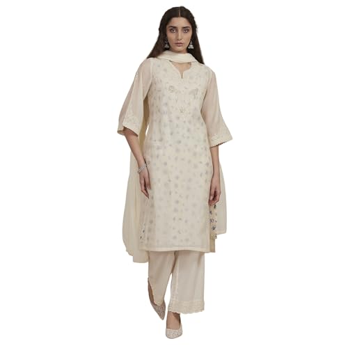 Biba Women White Poly Chanderi Straight Suit Set_36