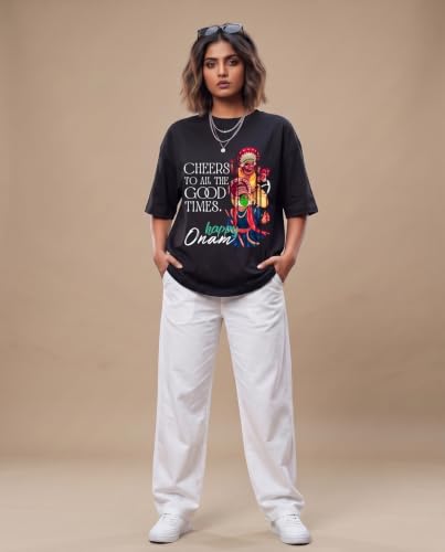 BRATMAZ Women's Happy Onam Graphic Printed Oversized Black T-Shirt
