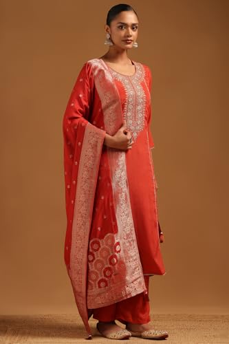 Soch Womens Rust Chinon Zari Embroidered Salwar Suit