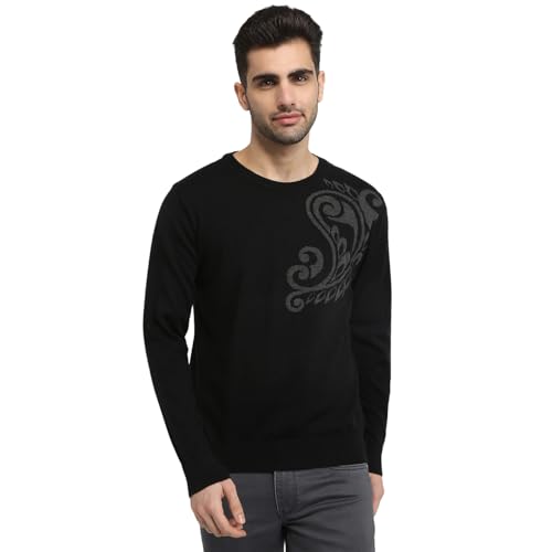 Raymond Men Full Sleeve Regular Fit Intarsia Pattern Merino Wool Acrylic Blend Round Neck Casual Sweater Black