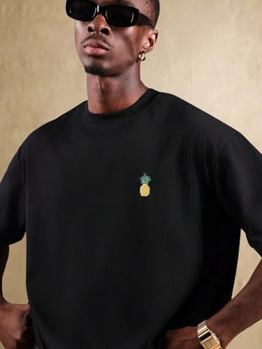GURIK Men's Oversized Baggy Fit Drop Shoulder Printed Tshirt(SF-Mens-Oversize-Tshirt-Pine Apple-Black-XXL)
