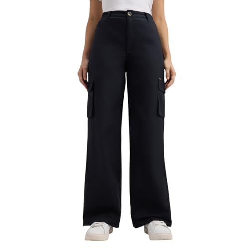 Pepe Jeans Women Black Mid Rise Wide Leg Cargo Pants