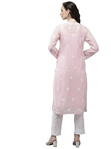 Ada Lucknowi Chikankari Hand Embroidered Ethnic Wear Women's Pink Georgette Kurta Palazzo Set with Slip A811217 (M)