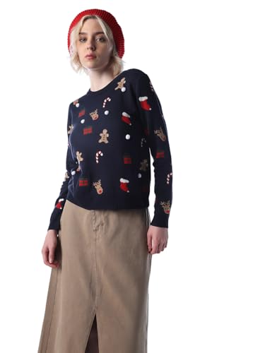 ONLY Women's Self Design Regular Fit Navy Blue Sweater