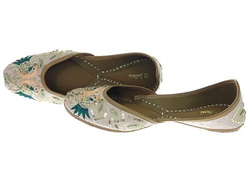 Fulkari Women's Peacock Peach Gold Soft Leather Embroidered Jutis | Bite and Pinch Free Jutti | Punjabi Formal Juttis | Girl's Wedding Flat Mojari | Formal Ethnic Juti | 36