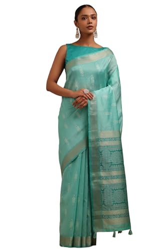 Soch Womens Turquoise Blue Tussar Woven Design Saree