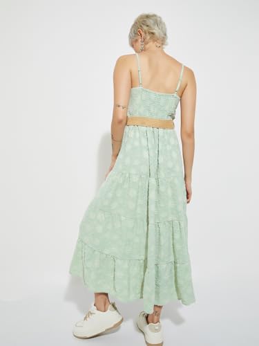 Max Alaya F x URB_N Women Textured Tiered Maxi Dress with Belt(Green_L)