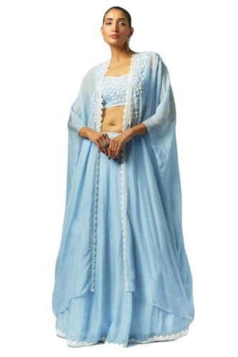 essaySumedha Agrawal Organza and Santoon Organza Lehenga Set for Women (Size: XL, Ice Blue)