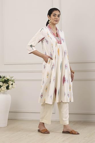 Biba Women Off White Cotton A-Line Kurta_32