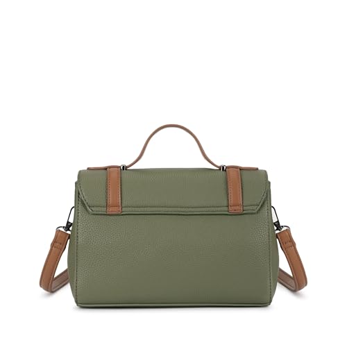 Fastrack Monochrome Muse Satchel | Faux-Leather Satchel for Women in Olive with Tan Accents | Buckle-Flap Closure, Dual Carry Options, Centre Zip Divider & Quick-Access Pockets