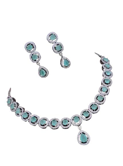 estora enterprise Elegant CZ AD Stone Necklace Set Premium Silver Finish Bridal Jewelry with Earrings Necklace Set for Women & Girls