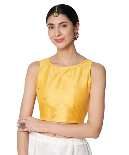 studio rasa Women Net Sequin Embroidered Readymade Blouse for Wedding Festive (TPWC425BL20XL_Yellow_X-Large)