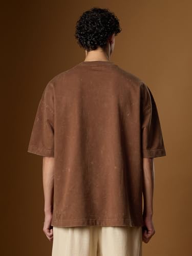 The Souled Store Nomad: Brown Men and Boys Short Sleeves Round Neck Brown Ethnic Graphic Casual Drop Shoulder Streetwear Trendy Cotton Super Oversized T-Shirt