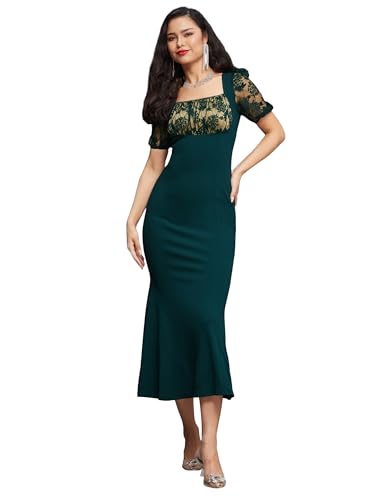 Miss Chase Women's Square Puff Sleeve Solid Lace Overlaid Ankle Length Dress (Plus (MCSS22D13-48-42-03, Dark Green, S)