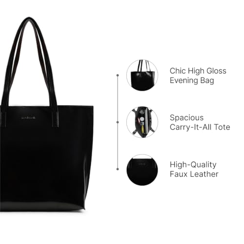 Fastrack Black Patent Party Tote Bag for Women, Girls and Ladies | Spacious Tote Bag with Button Closure