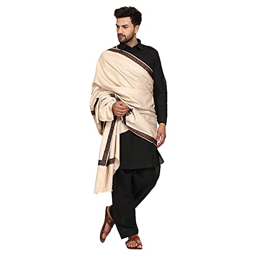 SWI WITH LABEL Men's Kashmiri Embroidered Wool Shawl (GC113_Beige_Free Size)
