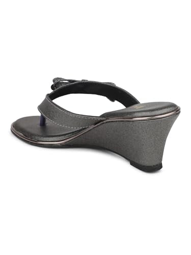 Inc.5 Women Pewter Embellished Open Toe Wedges With Bows