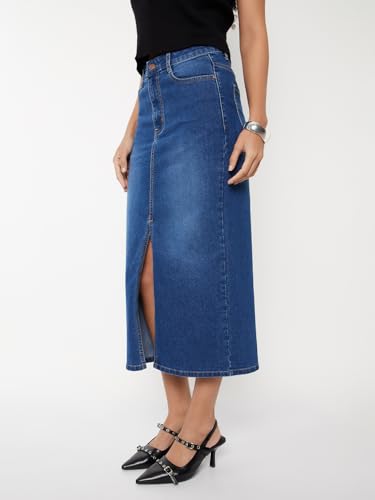 Max Women Washed Denim High Rise Skirt (Blue_30)
