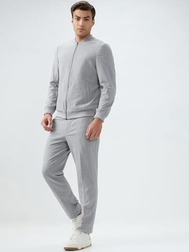 Park Avenue Men Neo Fit Structure Pattern Poly Viscose Blend Rib Collar Full Sleeve Formal Suit Grey