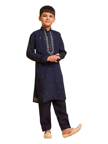Manyavar Boys Viscose Blend Neck Embroidered & Sequined Kurta Pyjama Set (Dark Blue,8-10Y)