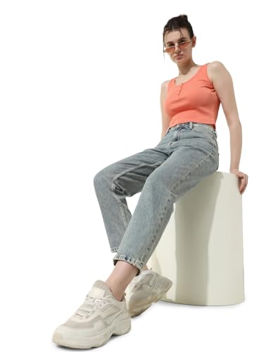 ONLY Women Washed Cotton Straight Fit High Rise Blue Jeans