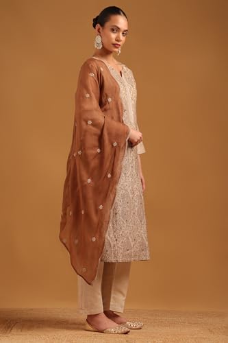 Soch Womens Beige Mul Chanderi Botanical Embroidered Salwar Suit