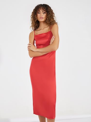 Styli Women Solid Strappy Sheath Midi Dress | Sleeveless with Shoulder Straps | Elegant Midi Length | Straight Hemline | Zip Closure | Perfect for Parties & Casual Occasions Red