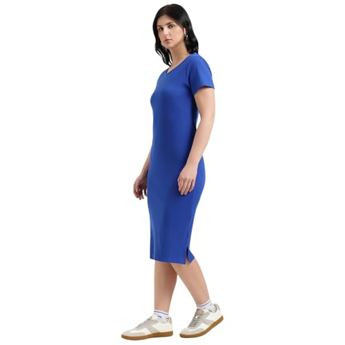United Colors of Benetton Round Neck Solid Bodycon Dress (Size : M) - 26P3RYCD400YI19R Blue