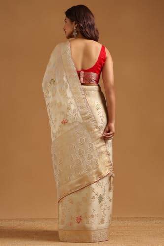 Soch Womens Cream Satin Botanical Zari Woven Saree